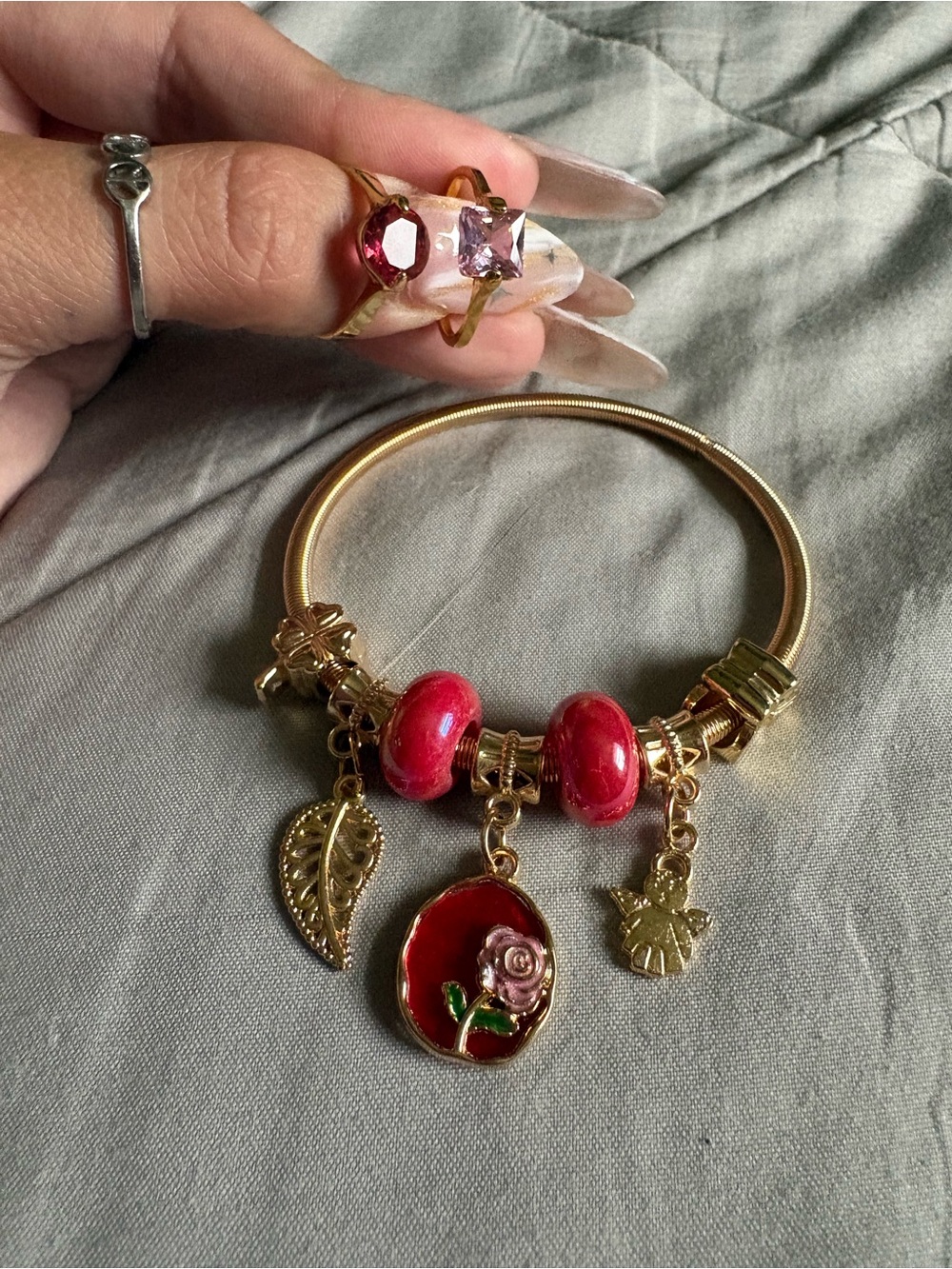 Gold-Tone Red Enamel Charm Bangle Bracelet